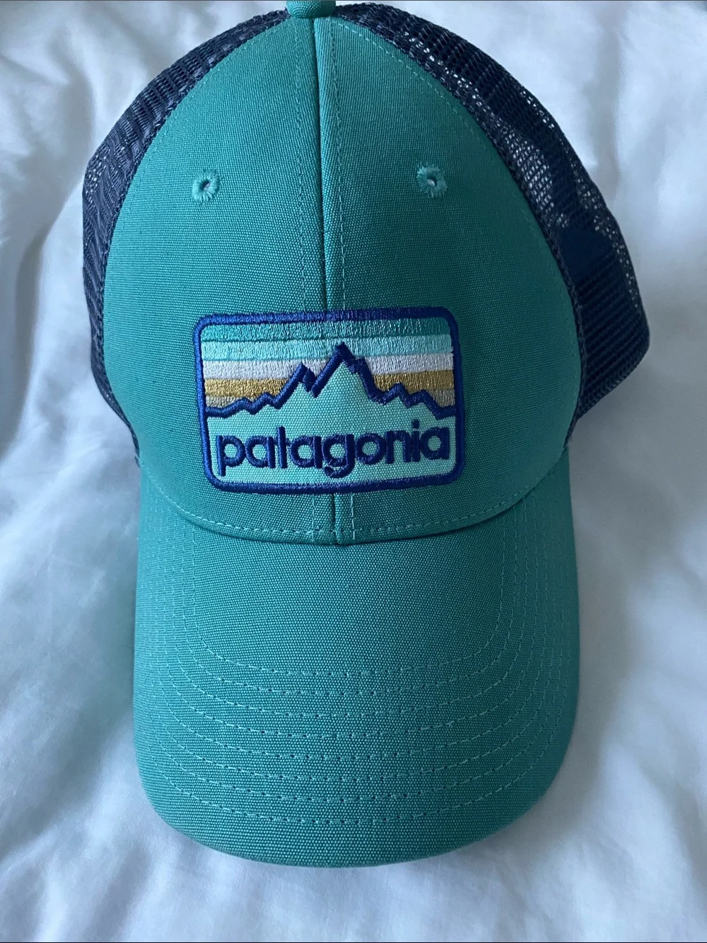 Patagonia Teal and Navy Mesh Trucker Hat with Mountain Patch